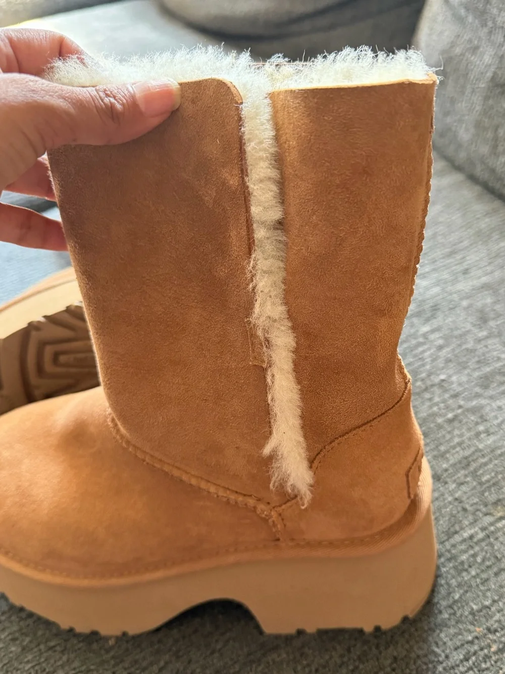 UGG Tan Suede Platform Shearling Mid-Calf Boots